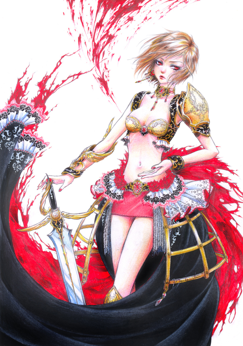 aku_no_musume_(vocaloid) armor blood bracelet breasts collar commentary_request evillious_nendaiki female germaine_avadonia highres hisekai jewelry large_breasts lips meiko_(vocaloid) nail_polish photoshop_(medium) pink_nails red_eyes red_theme skirt solo sword traditional_media vocaloid weapon