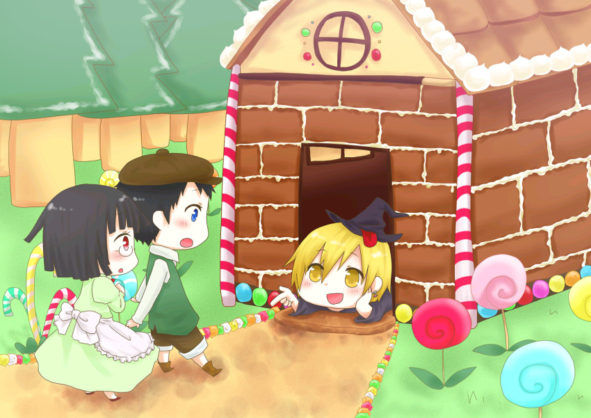 2boys bad_id bad_pixiv_id black_hair blonde_hair blue_eyes bob_cut candy candy_cane dress durarara!! earrings female food gingerbread_house glasses gretel_(grimm) grimm's_fairy_tales hansel_(grimm) hansel_and_gretel hat house jewelry kida_masaomi multiple_boys numoi_(munimoni) red_eyes ryuugamine_mikado short_hair sonohara_anri tongue witch_hat yellow_eyes