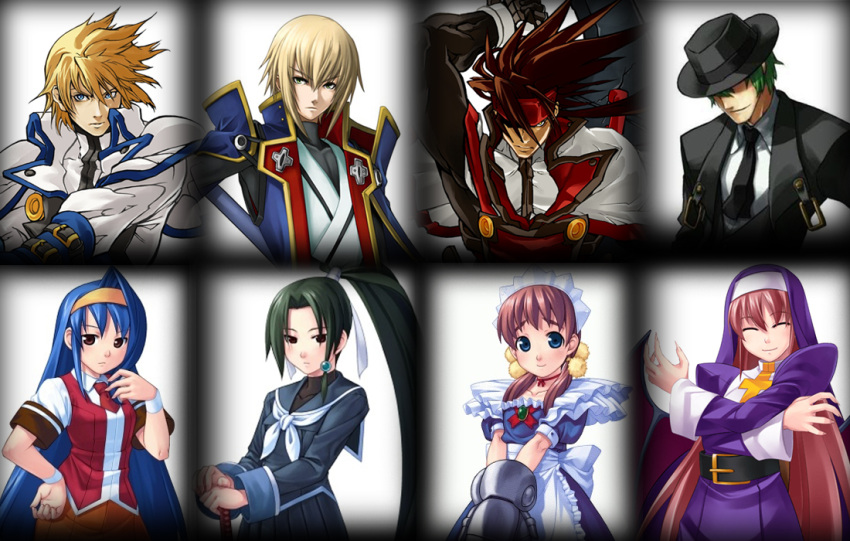 4boys 4girls arcana_heart blazblue blonde_hair blue_eyes blue_hair brown_eyes brown_hair clarice_di_lanza crossover fiona_mayfield green_eyes guilty_gear hat hazama headband japanese_clothes jin_kisaragi jpeg_artifacts katana ky_kiske m.u.g.e.n military military_uniform multiple_boys multiple_girls nun order-sol photoshop_(medium) pink_hair ribbon school_uniform short_twintails sol_badguy sword tokinomiya_kamui tsuzura_saki twintails uniform weapon wings yellow_eyes