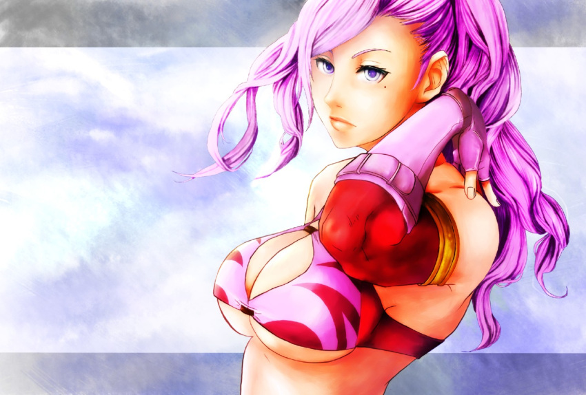 amawa_kazuhiro arc_rise_fantasia blue_eyes breasts commentary_request elbow_gloves female fingerless_gloves gloves large_breasts leslie_flaherty mole pink_hair solo underboob