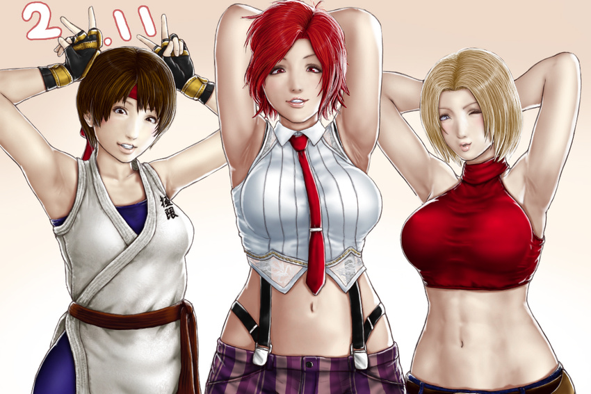 3girls abs armpits blonde_hair blue_mary brown_hair commentary_request crop_top fatal_fury midriff multiple_girls navel nix_(ak-style) red_hair ryuuko_no_ken the_king_of_fighters vanessa_(kof) yuri_sakazaki