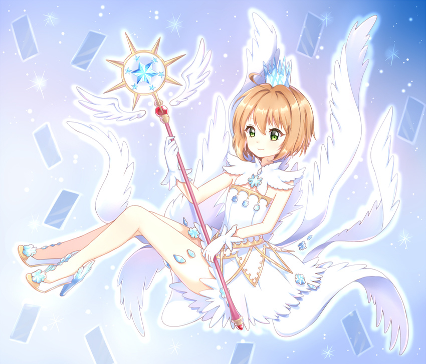 blush cardcaptor_sakura cardcaptor_sakura_clear_card_arc clear_card closed_mouth commentary crown dress feathered_wings female full_body gloves green_eyes hair_between_eyes high_heels highres holding holding_staff kinomoto_sakura kinomoto_sakura_(crystal_feather_dress) light_(luxiao_deng) light_brown_hair looking_at_viewer mini_crown multiple_wings short_hair sleeveless sleeveless_dress smile solo staff white_dress white_footwear white_gloves white_wings wings yume_no_tsue