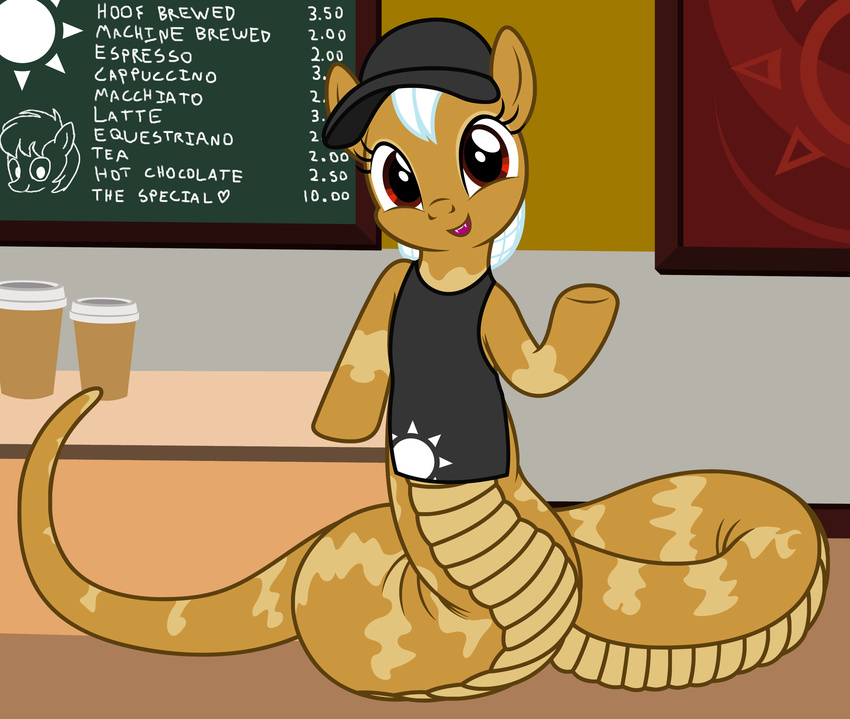 2018 absurd_res anthro apode apron badumsquish barista baseball_cap beverage cafe chalkboard clothing coffee coffee_shop counter currency_amount draconcopode drawing english_text equid equine fan_character fangs female furniture grin hair hair_net happy hasbro hat headgear headwear heart_after_text heart_symbol hi_res horse hybrid information_board lamia legless list looking_at_viewer mammal menu menu_board my_little_pony net ninia_(oc) number painting physical_list pony price price_listing red_eyes reptile scalie serpentine service_menu smile snake solo split_form sun table teeth text text_with_heart white_hair