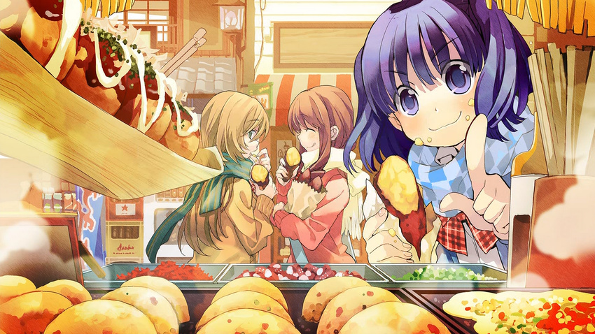 3girls brown_hair eating end_card food green_eyes kiyuzuki_satoko koufuku_graffiti long_hair machiko_ryou morino_kirin multiple_girls purple_eyes purple_hair school_uniform screencap shiina_(koufuku_graffiti) takoyaki yakiimo