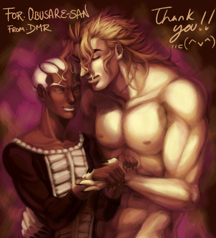 2boys aged_down bad_id bad_pixiv_id blonde_hair dark-skinned_male dark_skin dio_brando dmr-elk enrico_pucci highres jojo_no_kimyou_na_bouken male_focus multiple_boys scar scar_on_neck stone_ocean topless_male white_hair yaoi