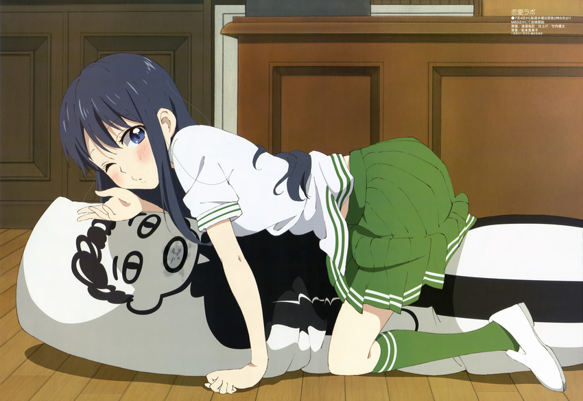 absurdres black_hair blue_eyes blush cowgirl_position dakimakura_(object) female highres imageboard_desourced long_hair looking_at_viewer love_lab_(manga) maki_natsuo megami_magazine non-web_source official_art one_eye_closed pillow school_uniform serafuku socks solo watanabe_yuuki