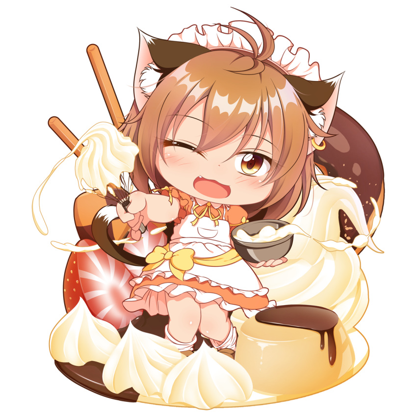 ;3 ;d ahoge alternate_costume animal_ear_piercing animal_ears apron blush bowl brown_eyes brown_footwear brown_hair cat_ears cat_tail checkerboard_cookie chen chibi commentary_request cookie doughnut enmaided female food frilled_apron frilled_skirt frills fruit hair_between_eyes head_tilt highres holding holding_bowl icing jewelry knees_together_feet_apart kurumai looking_at_viewer loose_socks maid maid_apron maid_headdress multiple_tails neck_ribbon oerba_yun_fang one_eye_closed open_mouth orange_shirt orange_skirt outstretched_arm pocky pudding puffy_short_sleeves puffy_sleeves ribbon shirt short_hair short_sleeves skirt smile socks solo standing strawberry tail touhou transparent_background whisk white_socks yellow_ribbon