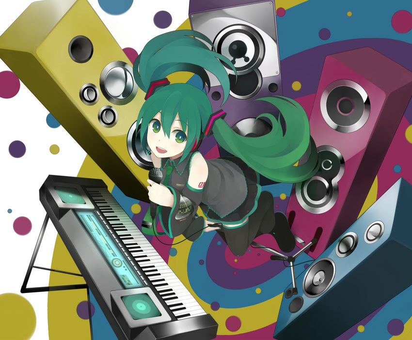 bad_id bad_pixiv_id boots commentary_request detached_sleeves female from_above green_eyes green_hair hatsune_miku instrument keyboard_(instrument) long_hair microphone microphone_stand necktie nnyu partial_commentary skirt solo speaker thigh_boots thighhighs twintails very_long_hair vocaloid