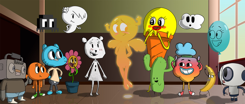 adopted_(lore) air_creature alan_keane ambiguous_gender animate_inanimate anthro arachnid arthropod balloon balloon_with_face banana banana_joe bear black_eyes blue_body blue_fur blush bobert_6b boombox brother_(lore) brothers_(lore) cactus cactus_creature carmen_verde carrie_krueger cartoon_network cloud cousins_(lore) cyprinid cypriniform darwin_watterson dessert digital_creature domestic_cat elemental_creature eyelashes felid feline felis female fish flora_fauna flower flower_creature food food_creature for_a_head fruit fur ghost goldfish group gumball_watterson hi_res horn horned_humanoid humanoid ice_cream ice_cream_creature inflatable juke_(tawog) leslie_(tawog) living_balloon living_cloud living_fruit living_inflatable machine male mammal marine masami_yoshida object_head ocho_tootmorsel on_model open_mouth paper paper_creature penny_fitzgerald plant robot sarah_g._lato sibling_(lore) spider spirit teeth teri_(tawog) the_amazing_world_of_gumball tobias_wilson tongue vinoda winged_humanoid wings