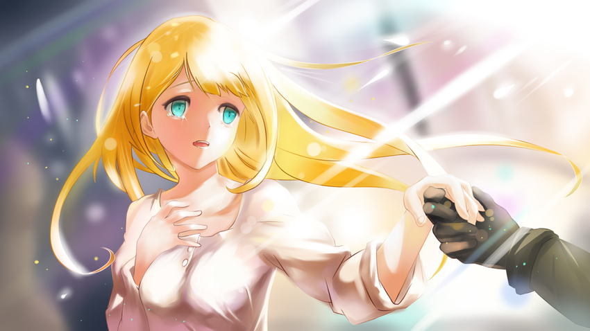 bare_shoulders black_gloves black_suit blonde_hair blue_eyes breasts commentary_request dress female formal gloves highres iff long_hair medium_breasts open_mouth overlord_(maruyama) suit tsuareninya_veyron white_dress