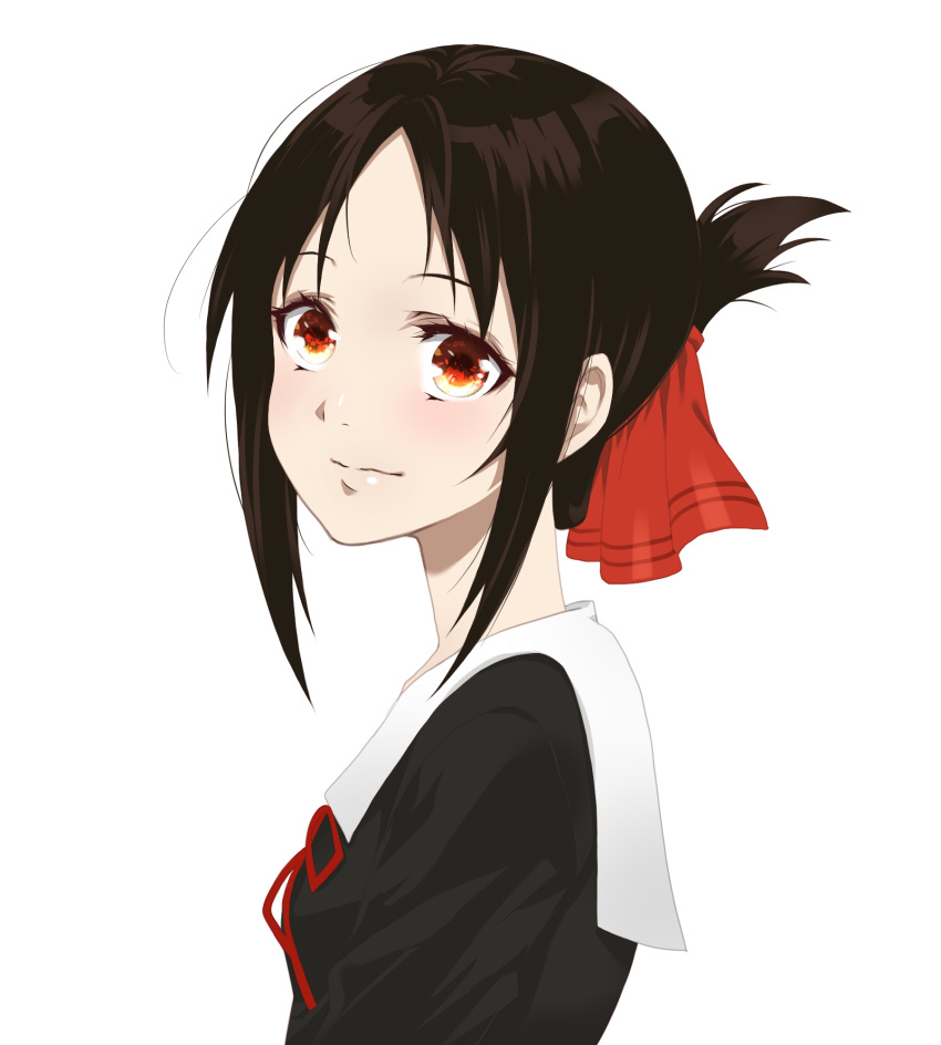 bad_id bad_pixiv_id black_hair blush female forehead hair_ribbon highres kaguya-sama_wa_kokurasetai_~tensai-tachi_no_renai_zunousen~ mogu_(kuromezennkainopokke) nose red_eyes ribbon school_uniform shinomiya_kaguya shuuchiin_academy_school_uniform smile solo sparkling_eyes white_background