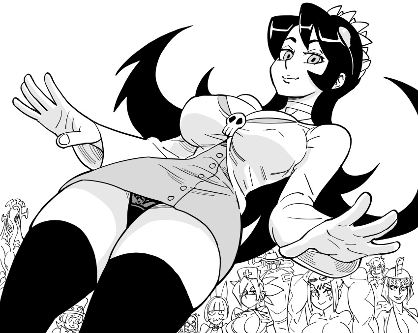 2boys 6+girls absurdres alternate_costume bb_(baalbuddy) beowulf_(skullgirls) big_band breasts brooch buttons cardigan cerebella_(skullgirls) choker cleavage double_(skullgirls) dress eliza_(skullgirls) english_commentary filia_(skullgirls) from_below greyscale high_contrast highres jewelry lace lace_panties large_breasts living_hair long_hair long_sleeves looking_at_viewer monochrome ms._fortune_(skullgirls) multiple_boys multiple_girls narrow_waist outstretched_arms painwheel_(skullgirls) panties pantyshot peacock_(skullgirls) plunging_neckline samson_(skullgirls) short_dress skull_brooch skullgirls solo_focus thick_thighs thighhighs thighs underwear upskirt vice-versa_(skullgirls) wide_hips