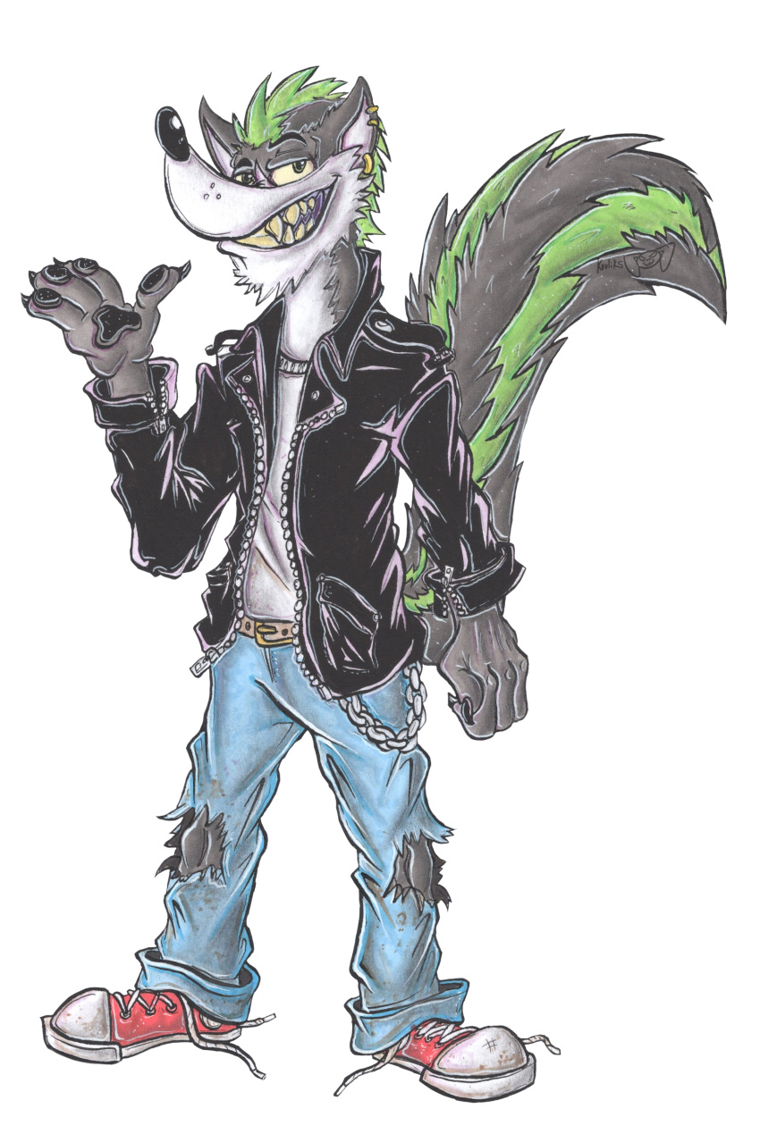 2020 3_fingers absurd_res alpha_channel anthro biped black_pawpads chain_accessory chains claws clothed clothing ear_piercing facial_hair fangs fingers footwear front_view fur green_body green_fur grin hair hi_res jacket krolik leather leather_clothing leather_jacket leather_topwear looking_at_viewer male mammal mephitid multicolored_body multicolored_fur pawpads piercing portrait pose sharp_teeth shoes signature skids_(krolik) skunk smile solo standing striped_body striped_fur stripes teeth topwear torn_clothing traditional_media_(artwork) two_tone_body two_tone_fur