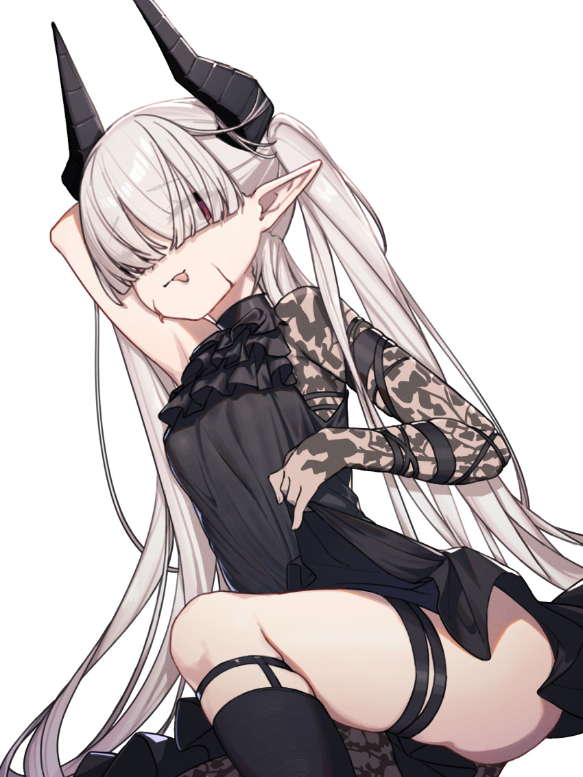 :p arknights arm_behind_head arm_up bare_shoulders black_dress black_socks breasts chained_sarkaz_girl closed_mouth commentary_request dress eyes_visible_through_hair female grey_hair hair_over_eyes highres horns long_hair mosou_keito pointy_ears red_eyes simple_background skindentation sleeveless sleeveless_dress small_breasts smile socks solo thigh_strap tongue tongue_out twintails very_long_hair white_background