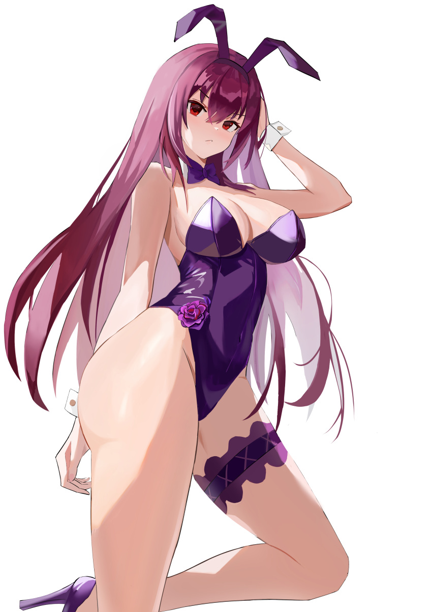 :< absurdres animal_ears arm_behind_back ass bare_arms bare_legs bow bowtie breasts closed_mouth commentary_request detached_collar dot_nose fake_animal_ears fate/grand_order fate_(series) female flower hai_binggan hair_between_eyes high_heels highleg highleg_leotard highres large_breasts leotard official_alternate_costume playboy_bunny purple_bow purple_bowtie purple_flower purple_footwear purple_hair purple_leotard purple_rose red_eyes rose scathach_(fate) scathach_(piercing_bunny)_(fate) shadow shiny_skin simple_background solo strapless strapless_leotard thigh_strap thighs v-shaped_eyebrows white_background wrist_cuffs