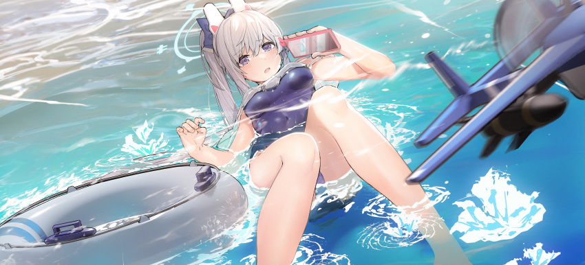 absurdres aircraft airplane animal_ears bare_arms bare_legs bare_shoulders beach blue_archive blue_halo blue_one-piece_swimsuit blush bow breasts casual_one-piece_swimsuit covered_navel feet_out_of_frame female frilled_one-piece_swimsuit frills hairbow halo highres holding holding_phone innertube knees_up legs looking_at_viewer miyako_(blue_archive) miyako_(swimsuit)_(blue_archive) official_alternate_costume one-piece_swimsuit oooomiga open_mouth outdoors partially_submerged phone ponytail purple_eyes rabbit_ears sitting solo swim_ring swimsuit two-tone_one-piece_swimsuit water white_hair