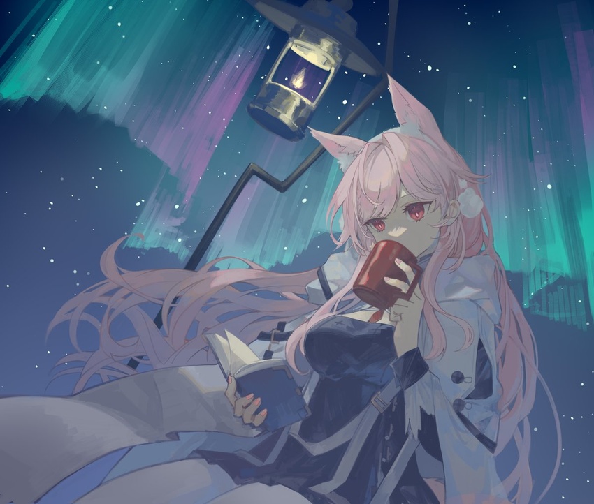 animal_ears arknights aurora black_dress book breasts cowboy_shot cup dress extra_ears female holding holding_book holding_cup jacket lantern large_breasts long_hair long_sleeves miike_(992058) mug night night_sky official_alternate_costume open_book outdoors pink_hair pozyomka_(arknights) pozyomka_(snowy_plains_in_words)_(arknights) reading red_eyes sitting sky solo star_(sky) starry_sky thighs very_long_hair white_jacket wolf_ears wolf_girl