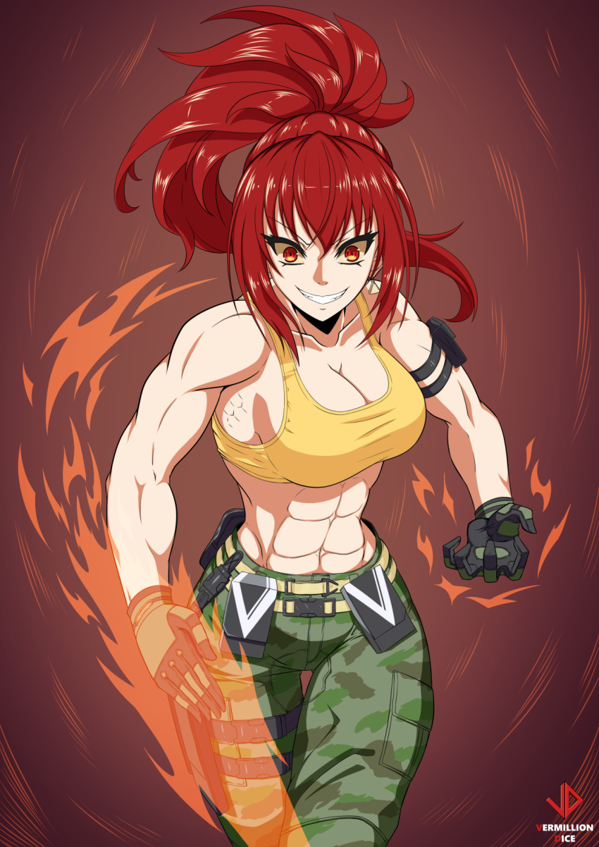 abs alternate_hair_color arm_pouch biceps black_gloves breasts camouflage camouflage_pants cargo_net cleavage commentary_request crazy_eyes crop_top dark_persona earrings evil_grin evil_smile female fighting_stance flaming_hand gloves grin highres jewelry large_breasts leona_heidern long_hair muscular muscular_female orange_sports_bra orochi_leona pants ponytail rape_face red_eyes red_hair sleeveless smile solo sports_bra the_king_of_fighters triangle_earrings vermillion_dice