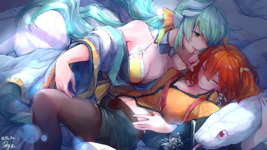 2girls absurdres ahoge aqua_hair bare_shoulders blush breasts cleavage closed_eyes closed_mouth fate/grand_order fate_(series) fujimaru_ritsuka_(female) fujimaru_ritsuka_(female)_(mage's_association_uniform) highres horns kiyohime_(fate) kiyohime_(swimsuit_lancer)_(fate) kiyohime_(swimsuit_lancer)_(first_ascension)_(fate) large_breasts long_hair looking_at_another medium_hair multiple_girls official_alternate_costume open_clothes open_shorts orange_hair parted_lips pin.s scrunchie shorts side_ponytail signature smile snake twitter_username white_snake yellow_eyes yellow_scrunchie yuri