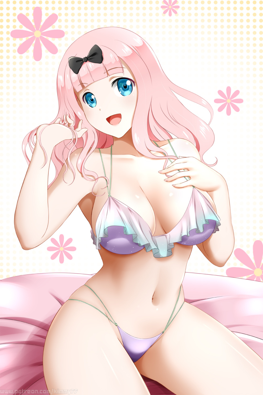 :d bangs banned_artist bare_arms bare_legs bed_sheet bikini black_bow blue_eyes blunt_bangs bow breasts cleavage collarbone female fujiwara_chika hairbow hand_in_own_hair highres kaguya-sama_wa_kokurasetai_~tensai-tachi_no_renai_zunousen~ kimmy77 large_breasts long_hair looking_at_viewer multi-strapped_bikini navel pink_hair purple_bikini shiny shiny_hair sideboob sitting smile solo swimsuit watermark web_address