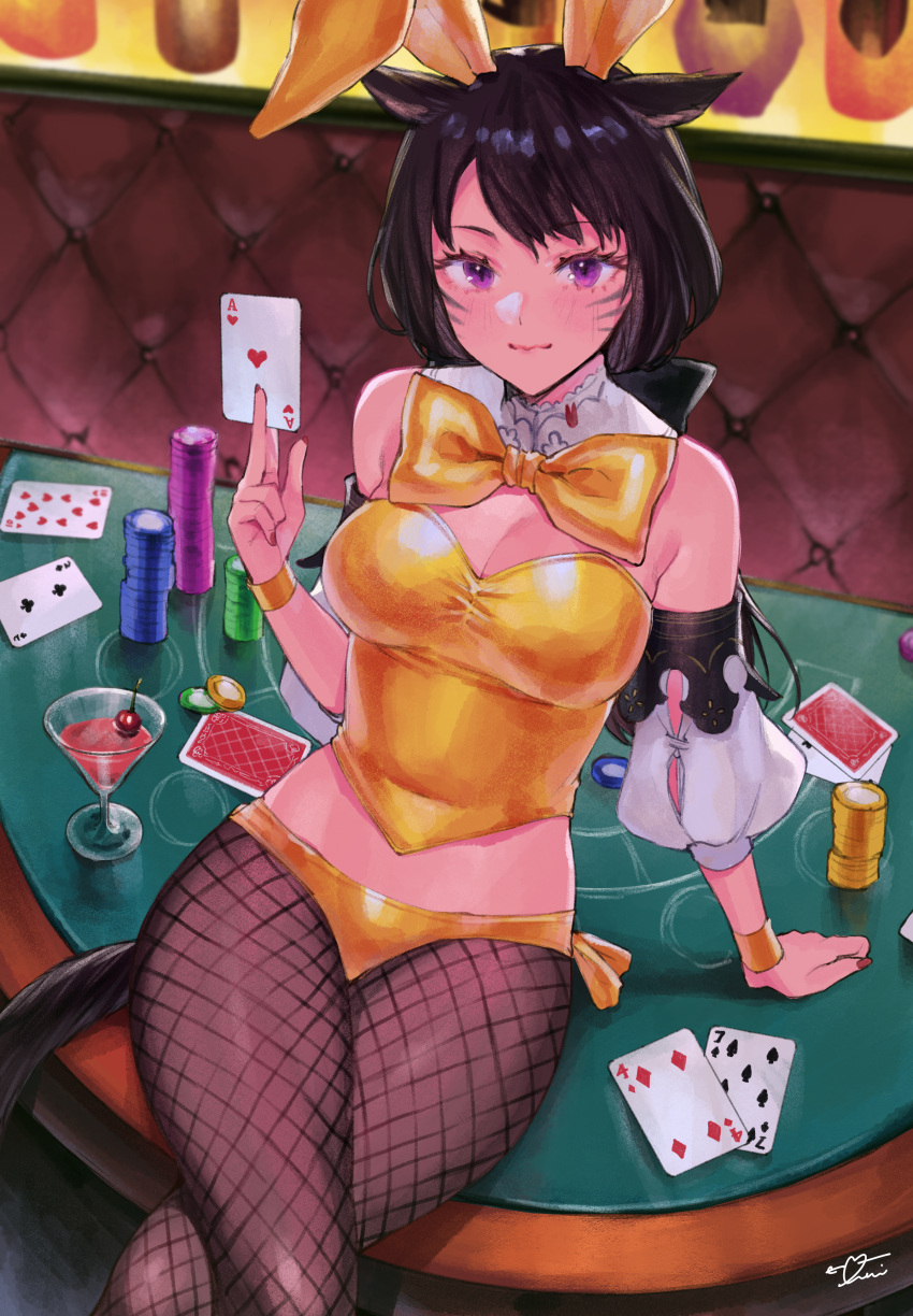 absurdres animal_ears arm_support bare_shoulders between_fingers black_bow black_footwear blush bow breasts brown_hair bustier card casino casino_card_table cat_ears cat_girl cat_tail cleavage closed_mouth cocktail_glass commentary cowboy_shot crossed_legs cup detached_collar detached_sleeves drinking_glass eyelashes facial_mark fake_animal_ears female final_fantasy final_fantasy_xiv fingernails fishnet_pantyhose fishnets food groin hairbow hand_up highres holding holding_card indoors long_fingernails long_hair looking_at_viewer lowleg lowleg_panties medium_breasts midriff_peek miqo'te nail_polish necktie on_table panties pantyhose playboy_bunny poker_chip ponytail puffy_short_sleeves puffy_sleeves purple_eyes rabbit_ears red_nails short_sleeves signature sitting slit_pupils smile solo strapless swept_bangs table tail underwear uni_(melm) warrior_of_light_(ff14) whisker_markings white_panties white_sleeves wristband yellow_bow yellow_bustier yellow_necktie