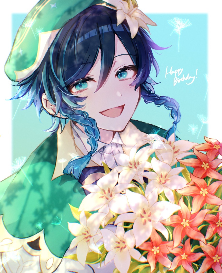 1boy androgynous beret black_hair blue_hair bouquet bow braid cape cecilia_flower_(genshin_impact) collared_cape collared_shirt commentary dandelion english_text flower genshin_impact gradient_hair green_background green_eyes green_hat hair_flower hair_ornament happy_birthday hat highres holding holding_bouquet leaf looking_at_viewer male_focus multicolored_hair open_mouth red_flower rikka_44 shirt short_hair_with_long_locks simple_background smile solo twin_braids venti_(genshin_impact) white_flower white_shirt windwheel_aster_(genshin_impact)