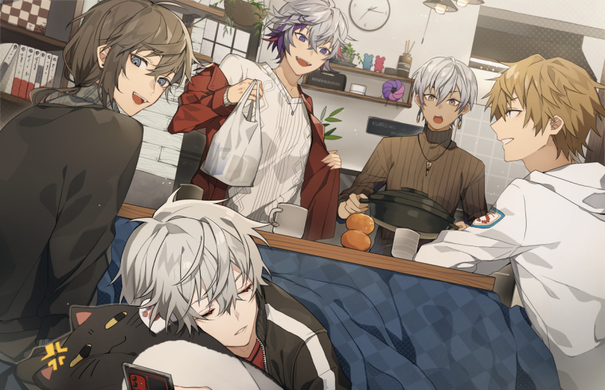 5boys anger_vein blonde_hair cup dark-skinned_male dark_skin earrings ex_albio food fruit fuwa_minato grey_eyes grey_hair hair_ornament hairclip hugging_doll hugging_object ibrahim_(nijisanji) indoors jewelry kanae_(nijisanji) kiragera kotatsu kuzuha_(nijisanji) long_sleeves looking_at_another low_ponytail male_focus multicolored_hair multiple_boys necklace nijisanji off_shoulder open_mouth orange_(fruit) pink_hair purple_eyes purple_hair short_hair sleeping smile streaked_hair stuffed_animal stuffed_cat stuffed_toy table vampire virtual_youtuber yellow_eyes