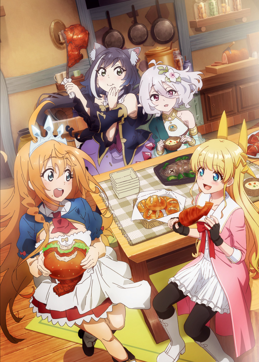 4girls absurdres ahoge animal_ear_fluff animal_ears antenna_hair black_hair black_pantyhose blonde_hair blue_eyes blue_sleeves boots bread brown_hair burger cat_ears cat_girl commentary_request crossover dutch_angle eating elf fantasy_bishoujo_juniku_ojisan_to fish_(food) flower food genderswap_(mtf) green_eyes grilled_fish hair_flower hair_ornament highres holding ichimichi_mao karyl_(princess_connect!) kitchen knee_boots kokkoro_(princess_connect!) long_hair low_twintails multicolored_hair multiple_girls official_art open_mouth pantyhose pecorine_(princess_connect!) pointy_ears princess_connect! purple_eyes rule_63 short_hair squid steak streaked_hair table tachibana_hinata_(fabiniku) tiara twintails voice_actor_connection