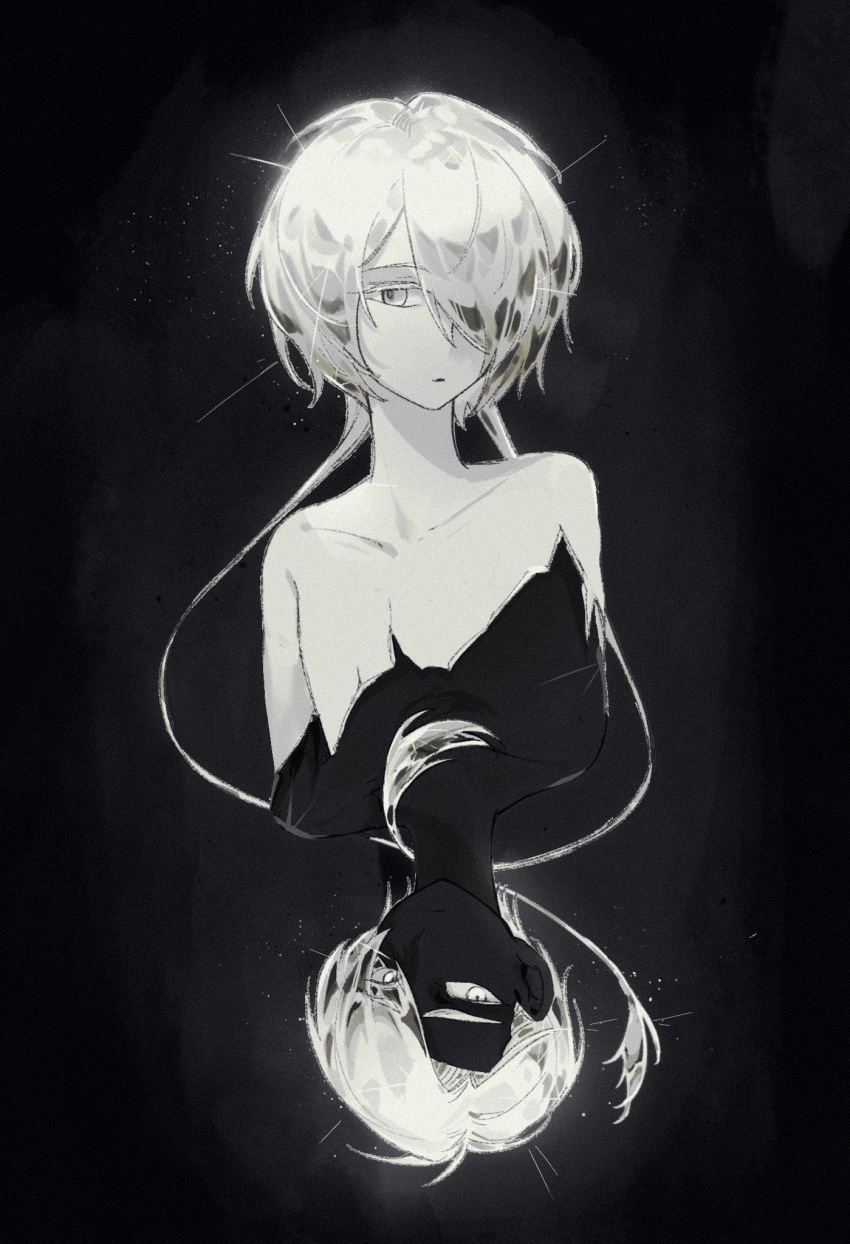 2others black_background black_skin bmh_1009 broken cairngorm_(houseki_no_kuni) collarbone colored_skin crack cracked_skin crystal_hair dark_background expressionless frown ghost_quartz_(houseki_no_kuni) glint grey_hair hair_over_one_eye highres houseki_no_kuni multiple_others other_focus parted_bangs parted_hair parted_lips short_hair short_hair_with_long_locks sidelocks sparkle split_theme topless upside-down white_skin