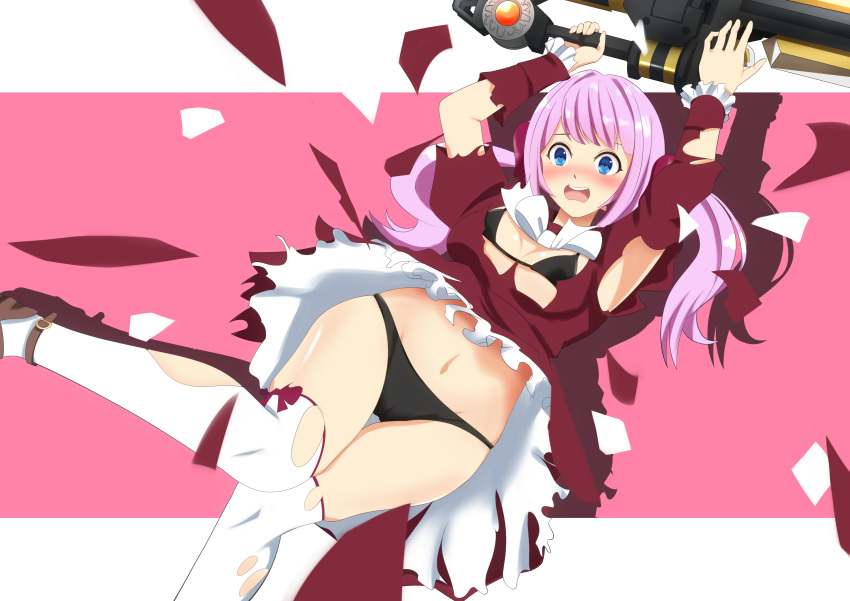 absurdres ankle_strap arms_up assault_lily bikini bikini_under_clothes black_bikini blue_eyes blush bow bowtie breasts brown_footwear cameltoe clothes_lift commentary_request drop_shadow exploding_clothes feet_out_of_frame female frilled_skirt frilled_sleeves frills hairbow highres holding holding_weapon kanba_girls_high_school_uniform knees_together_feet_apart leg_up long_hair long_sleeves looking_ahead medium_breasts miniskirt navel nose_blush open_mouth pink_background pink_hair red_bow red_shirt red_skirt sadamori_himeka school_uniform senri_(senri03151221) shirt shoes skirt skirt_lift solo standing standing_on_one_leg stomach swimsuit teeth thigh_bow thigh_gap thighhighs torn_clothes torn_shirt torn_skirt torn_sleeves torn_thighhighs twintails two-tone_background upper_teeth_only wavy_mouth weapon white_background white_bow white_bowtie white_thighhighs