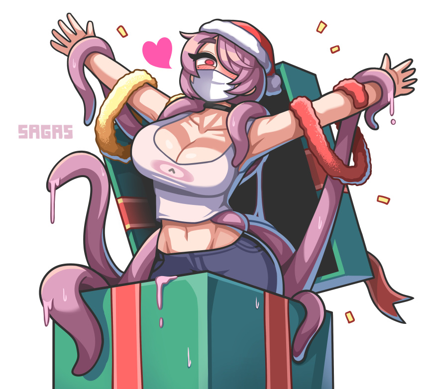 absurdres armpits arms_up artist_name black_choker black_pants blush box breasts choker cleavage crop_top female gift gift_box hat heart highres large_breasts midriff mole mole_under_eye navel overmind_(starcraft) pants personification print_tank_top purple_hair sagas293 santa_hat solo starcraft tank_top tentacle white_tank_top zerg_(starcraft)