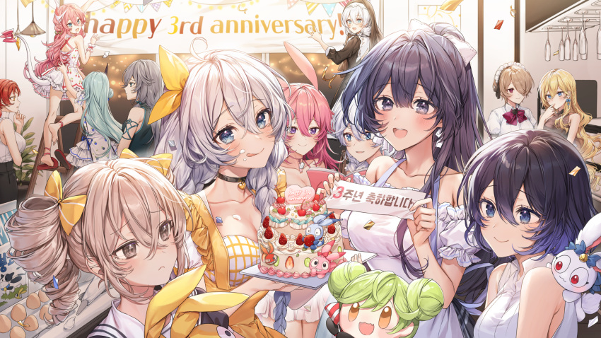 6+girls ai-chan_(honkai_impact) animal_ears bianka_durandal_ataegina black_dress black_hair blonde_hair blue_eyes blue_hair bob_cut bow braid breasts bronya_zaychik brown_eyes brown_hair cake cleavage collar curly_hair dress earrings food frown fu_hua grey_hair hair_bun hair_over_eyes hairbow headdress highres holi_(honkai_impact) homei_(honkai_impact) homi_(honkai_impact) homu_(honkai_impact) honkai_(series) honkai_impact_3rd indoors jewelry kallen_kaslana kiana_kaslana korean_commentary large_breasts legs liliya_olenyeva long_hair low_ponytail maid_headdress medium_breasts multicolored_hair multiple_girls murata_himeko open_mouth pencil_skirt pillo pinafore_dress pink_eyes pink_hair ponytail purple_eyes purple_hair rabbit_ears raiden_mei red_hair rita_rossweisse rozaliya_olenyeva sandals school_uniform seele_vollerei short_hair single_hair_bun skirt sleeveless sleeveless_dress small_breasts smile stuffed_toy tail theresa_apocalypse thighs tongue tongue_out twintails white_dress white_hair yae_sakura yellow_eyes