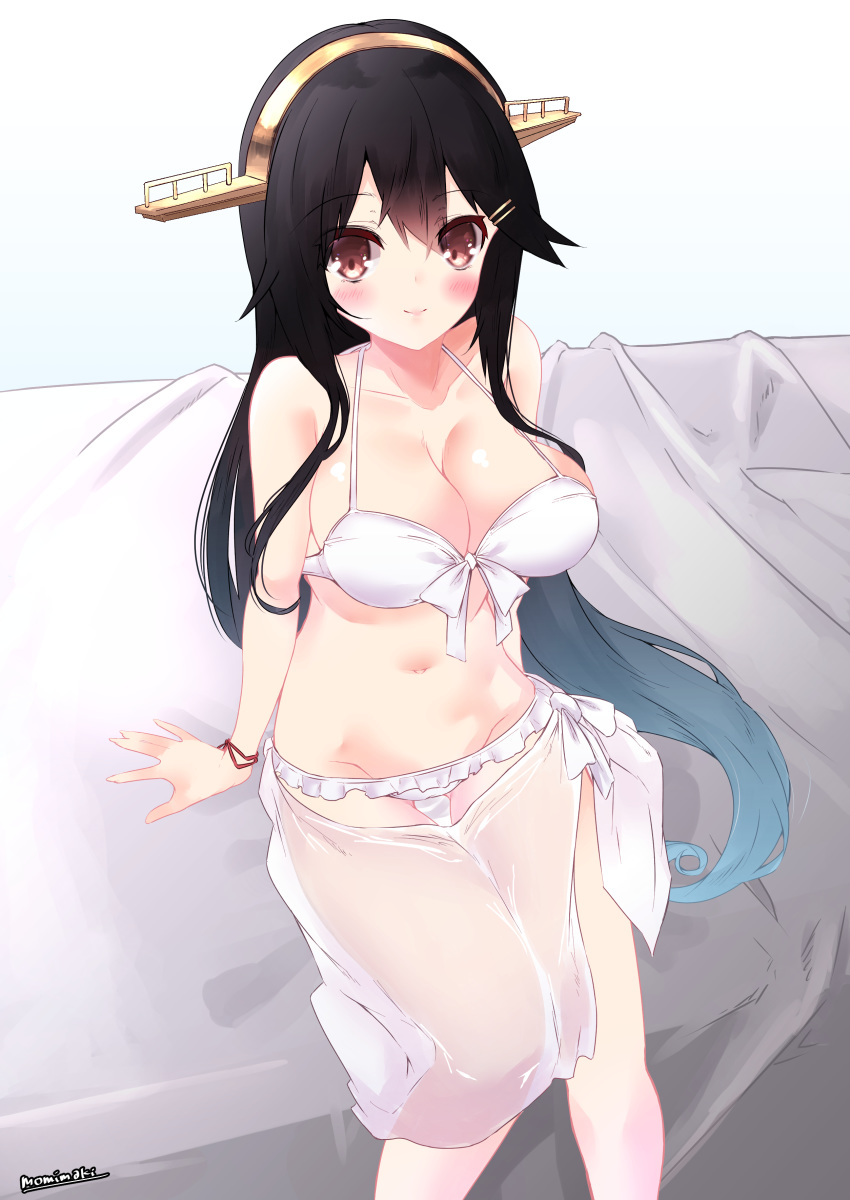 absurdres bare_shoulders bikini black_hair blush bracelet breasts brown_eyes cleavage female haruna_(kancolle) headgear highres jewelry kantai_collection long_hair looking_at_viewer momimaki navel official_alternate_costume sarong signature sitting smile solo swimsuit white_bikini white_sarong