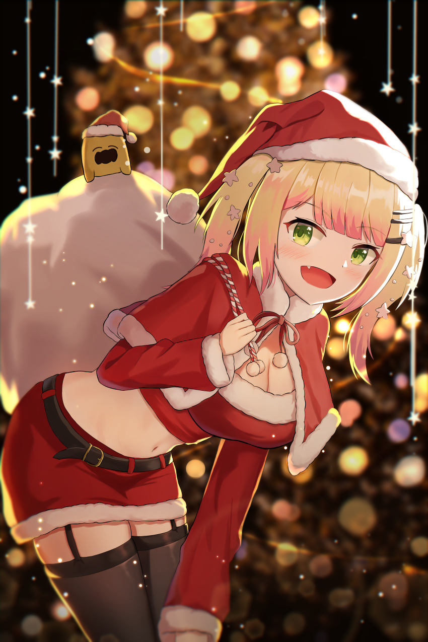 :d absurdres bad_id bad_pixiv_id black_thighhighs blonde_hair blush breasts christmas christmas_tree cleavage commentary_request crop_top female fur-trimmed_headwear fur-trimmed_skirt fur_trim garter_straps gloves green_eyes hair_ornament hairclip hat highres hololive iv_(iv70311741) leaning_forward long_sleeves looking_at_viewer medium_breasts medium_hair midriff miniskirt momosuzu_nene navel nekko_(momosuzu_nene) oerba_yun_fang official_alternate_hair_length official_alternate_hairstyle open_mouth pom_pom_(clothes) red_hat red_skirt sack santa_costume santa_hat skirt smile solo thighhighs twintails virtual_youtuber zettai_ryouiki