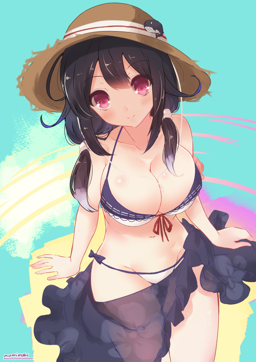 absurdres ahoge alternate_costume bare_shoulders bikini breasts female hat hat_ornament highres kantai_collection large_breasts low_twintails momimaki navel official_alternate_costume purple_hair purple_sarong red_eyes sarong smile solo straw_hat swimsuit taigei_(kancolle) twintails