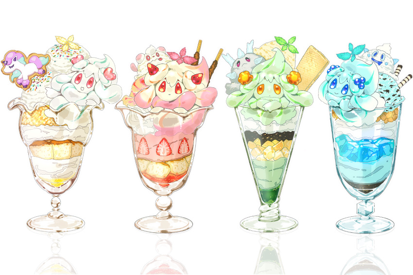 alcremie alcremie_(berry_sweet) alcremie_(flower_sweet) alcremie_(love_sweet) alcremie_(strawberry_sweet) blue_eyes closed_mouth commentary_request cookie food food_focus fruit galarian_corsola galarian_ponyta garnish gelatin glass highres ichinose_masaki mint_chocolate no_humans orange_eyes parfait pink_eyes pocky pokemon pokemon_(creature) red_bean_paste red_eyes reflection smile sprinkles strawberry strawberry_parfait swirlix vanillite wafer wafer_stick