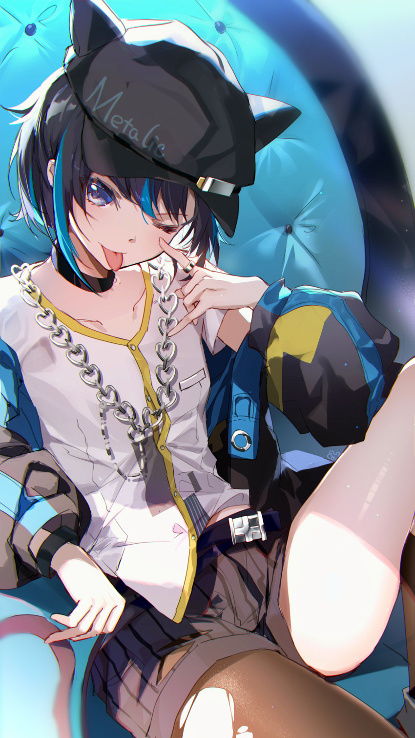 ;p akanbe animal_ears animal_hat asymmetrical_legwear bison_cangshu black_hair black_hat black_jacket black_shorts blue_eyes blue_hair cabbie_hat chains closed_mouth collarbone commentary eyelid_pull fake_animal_ears female girimi_(virtuareal) hat head_tilt highres jacket knee_up long_sleeves multicolored_hair nijisanji off_shoulder one_eye_closed open_clothes open_jacket puffy_long_sleeves puffy_sleeves shirt short_shorts shorts single_leg_pantyhose single_sock smile socks solo streaked_hair symbol-only_commentary tongue tongue_out torn_clothes torn_socks virtual_youtuber virtuareal white_shirt