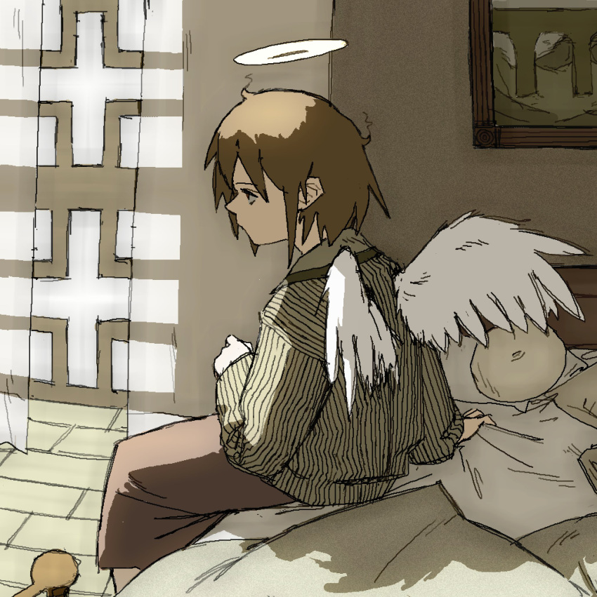 angel_wings bad_id bad_twitter_id bed bed_sheet brown_hair brown_skirt curtains feathered_wings female haibane_renmei halo highres looking_to_the_side on_bed pantsu-ripper pillow rakka_(haibane) sheet_grab shirt short_hair sitting skirt solo static_cling striped_clothes striped_shirt traditional_halo window wings