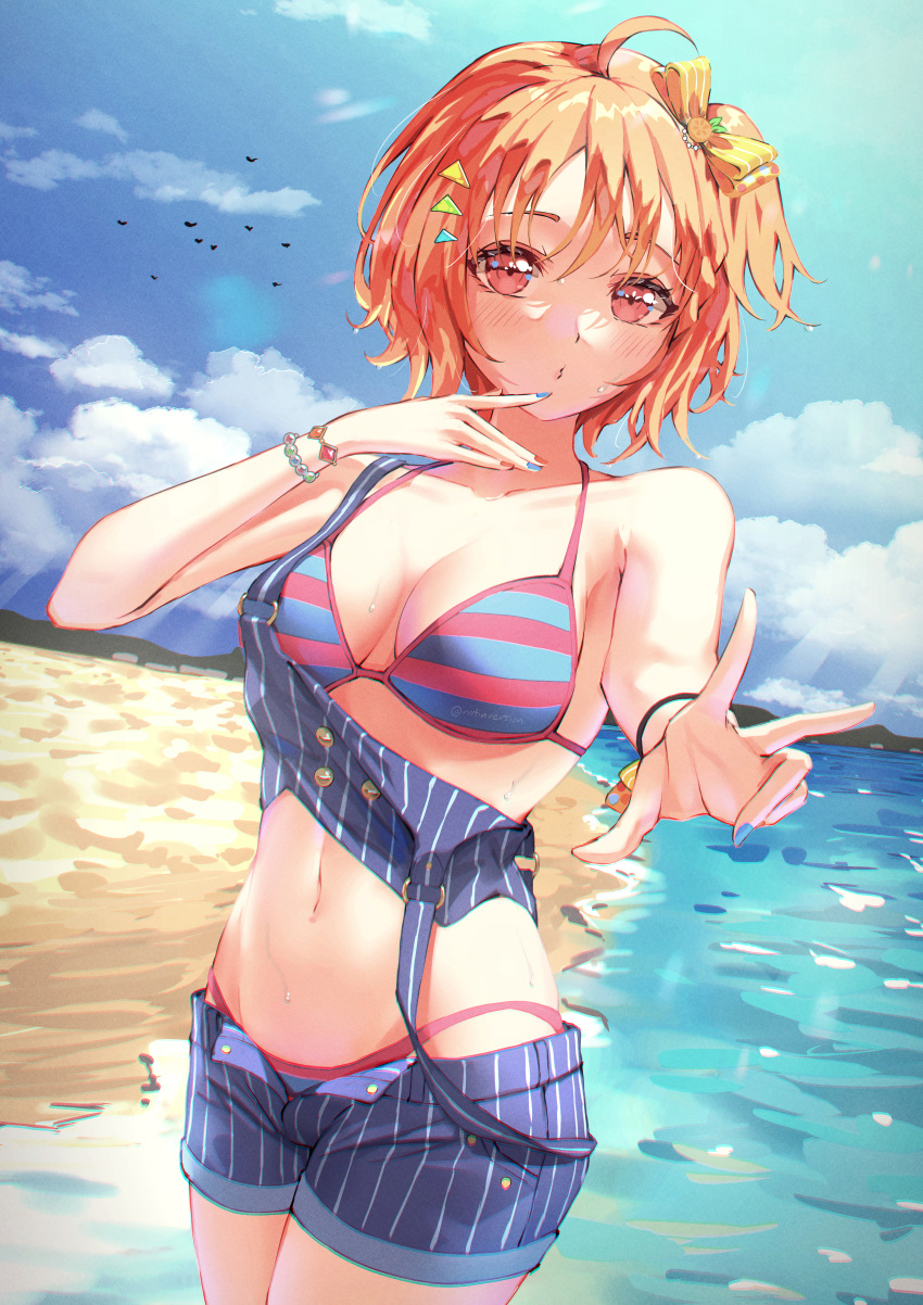 a_chika-tastic_summer absurdres ahoge beach bikini blue_shorts blue_sky bow bracelet breasts cleavage cloud collarbone cowboy_shot day female hair_between_eyes hair_ornament hairbow highres jewelry large_breasts looking_at_viewer love_live! love_live!_school_idol_festival_all_stars love_live!_sunshine!! midriff multicolored_bikini multicolored_clothes navel notinversion ocean official_alternate_costume open_fly orange_bow orange_hair outdoors puckered_lips red_eyes ribbon sand short_hair short_shorts shorts sky solo standing stomach striped_bikini striped_clothes striped_shorts sweat swimsuit takami_chika unbuttoned vertical-striped_clothes vertical-striped_shorts water