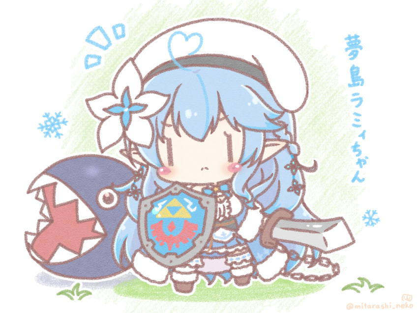 ahoge beret black_footwear blue_flower blue_hair blue_skirt blush_stickers braid breasts chain_chomp chains chibi cleavage closed_mouth colored_tips commentary_request crossover female flower full_body fur-trimmed_sleeves fur_trim hair_between_eyes hair_flower hair_ornament half_updo hat heart heart_ahoge highres holding holding_sword holding_weapon hololive hylian_shield light_frown long_hair long_sleeves medium_breasts mitarashi_neko multicolored_hair notice_lines pleated_skirt pointy_ears ribbon-trimmed_legwear ribbon_trim sharp_teeth shield skirt snowflakes socks solo streaked_hair sword teeth the_legend_of_zelda the_legend_of_zelda:_link's_awakening translated twitter_username v-shaped_eyebrows very_long_hair virtual_youtuber weapon white_flower white_hat white_socks yukihana_lamy yukihana_lamy_(1st_costume) |_|