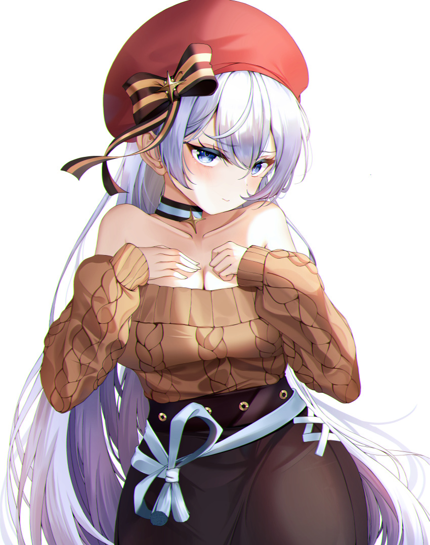 absurdres aran_sweater azur_lane belfast_(azur_lane) belfast_(shopping_with_the_head_maid)_(azur_lane) beret black_pantyhose black_skirt blue_eyes breasts brown_sweater cable_knit chanpower233 chromatic_aberration cleavage commentary female hat highres large_breasts light_purple_hair long_hair off-shoulder_sweater off_shoulder official_alternate_costume pantyhose red_hat simple_background skirt solo sweater two-tone_ribbon very_long_hair white_background