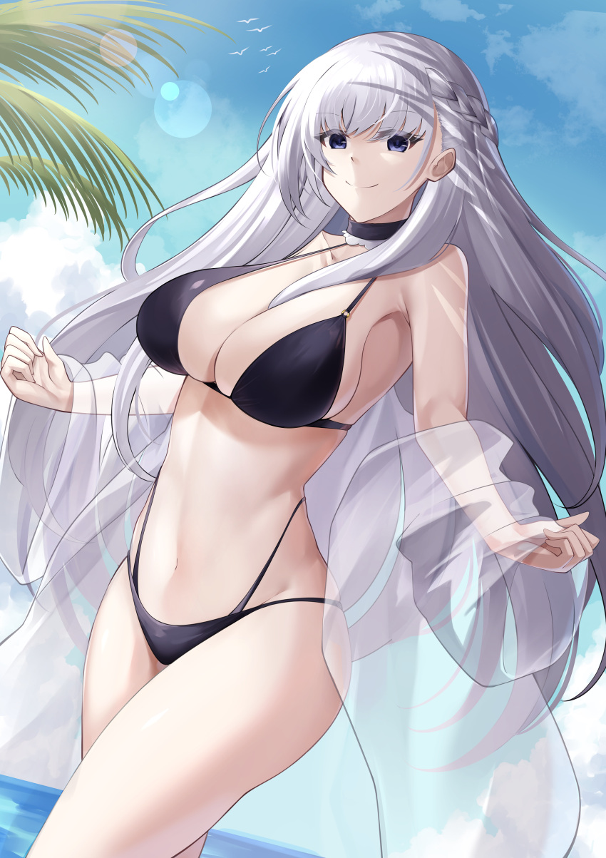 absurdres azur_lane bare_shoulders belfast_(azur_lane) bikini black_bikini black_choker blue_eyes blue_sky braid breasts choker cleavage closed_mouth cloud collarbone commentary commission cowboy_shot day female french_braid groin highres large_breasts long_hair looking_at_viewer navel off_shoulder outdoors pixiv_commission sky smile solo standing stomach summer swimsuit swimsuit_cover-up thighs very_long_hair white_hair yan_lie