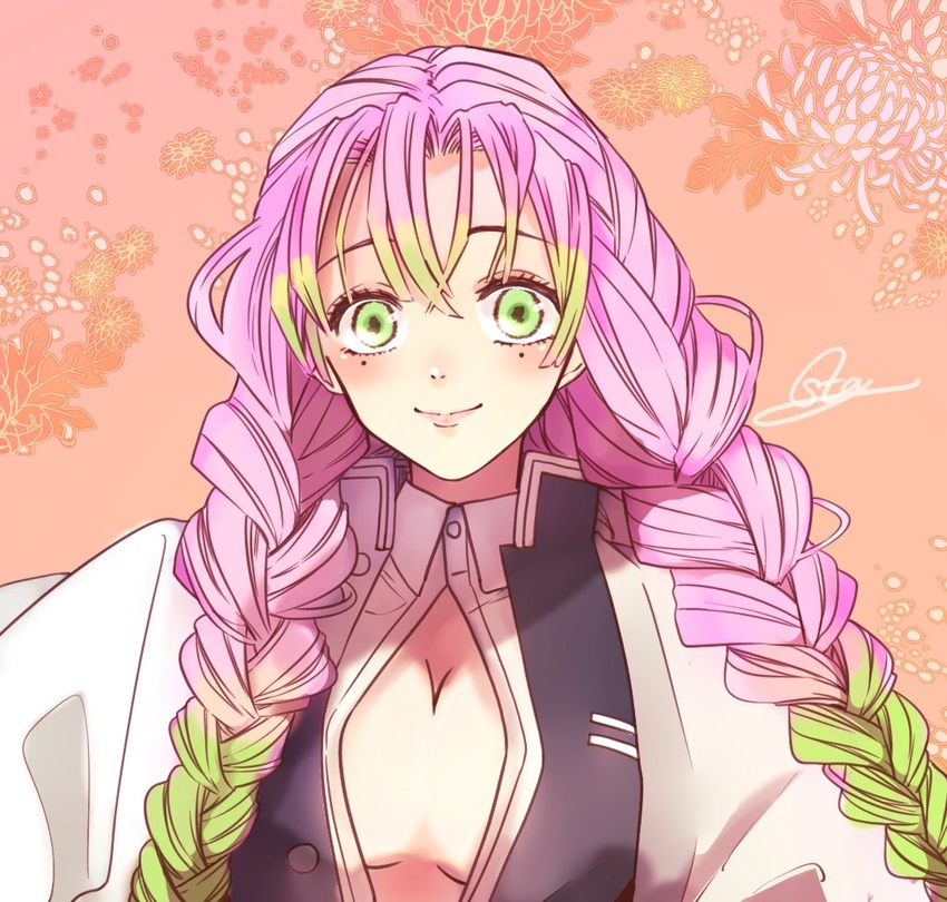 blush braid breasts buttons cleavage cloak commentary dated demon_slayer_uniform female floral_background gradient_hair green_eyes green_hair haori japanese_clothes kanroji_mitsuri kimetsu_no_yaiba large_breasts long_hair long_sleeves looking_at_viewer mole mole_under_eye multicolored_hair open_mouth pink_background pink_hair shirt signature simple_background smile solo souta_(karasu_no_ouchi) standing twin_braids two-tone_hair upper_body white_cloak wide_sleeves wing_collar