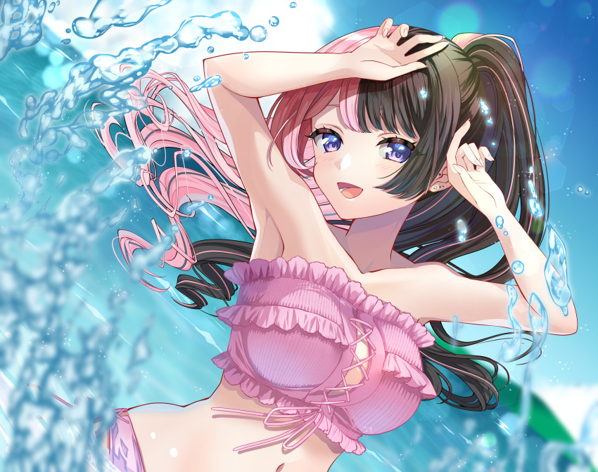 absurdres armpits bikini black_hair blue_eyes breasts cleavage cloud collarbone cross-laced_bikini cross-laced_clothes day dutch_angle ear_piercing earrings female frilled_bikini frills highres iris_black_games jewelry large_breasts long_hair looking_at_viewer multicolored_hair navel ocean open_mouth outdoors piercing pink_bikini pink_hair ponytail side-tie_bikini_bottom sky smile solo splashing split-color_hair strapless strapless_bikini streaked_hair swept_bangs swimsuit tachibana_hinano_(vtuber) two-tone_hair unyon_bbunco virtual_youtuber vspo! water wavy_hair