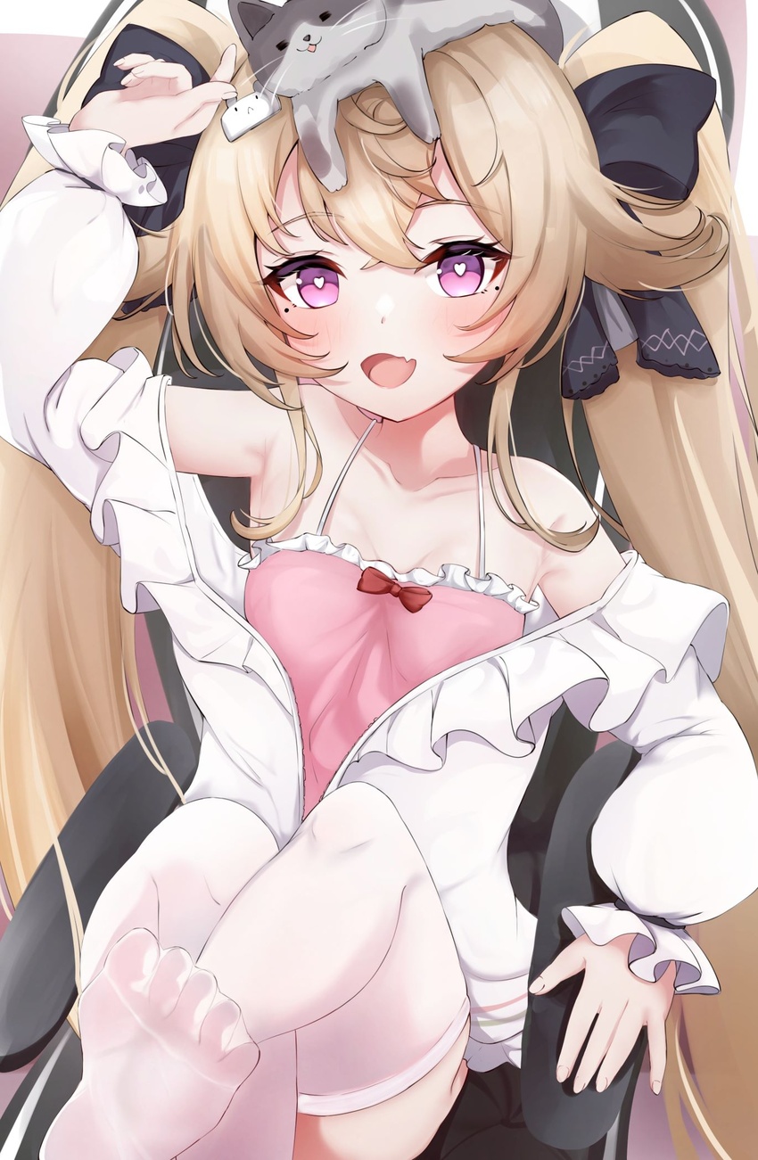 animal_on_head attilio_regolo_(azur_lane) attilio_regolo_(castle_of_inspiration)_(azur_lane) azur_lane breasts camisole cat_on_head chair feline female frilled_jacket frills gaming_chair hair_ribbon hand_up heart heart-shaped_pupils highres jacket long_hair no_shoes official_alternate_costume on_head open_mouth ribbon sitting small_breasts swivel_chair symbol-shaped_pupils thighhighs twintails umidemi white_thighhighs