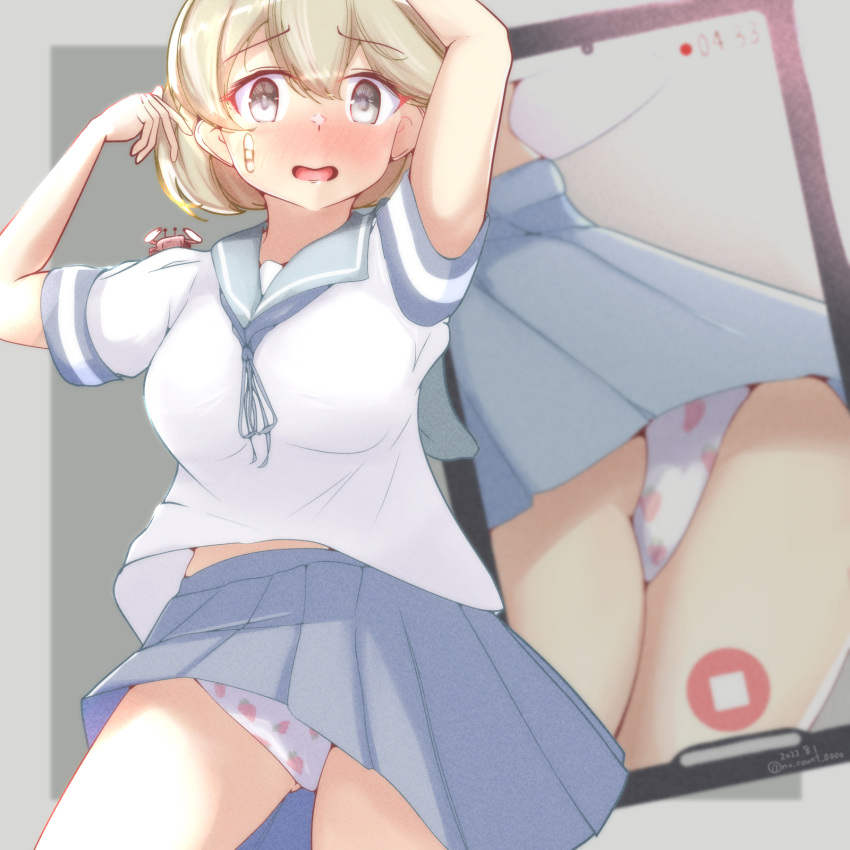 animal_on_shoulder bandaid bandaid_on_face blonde_hair blush brown_eyes cellphone cellphone_photo crab_on_shoulder female food_print grey_sailor_collar grey_skirt highres kantai_collection looking_at_viewer no_count_0000 nose_blush oboro_(kancolle) panties phone pleated_skirt print_panties sailor_collar short_hair skirt smartphone solo strawberry_panties strawberry_print underwear white_panties