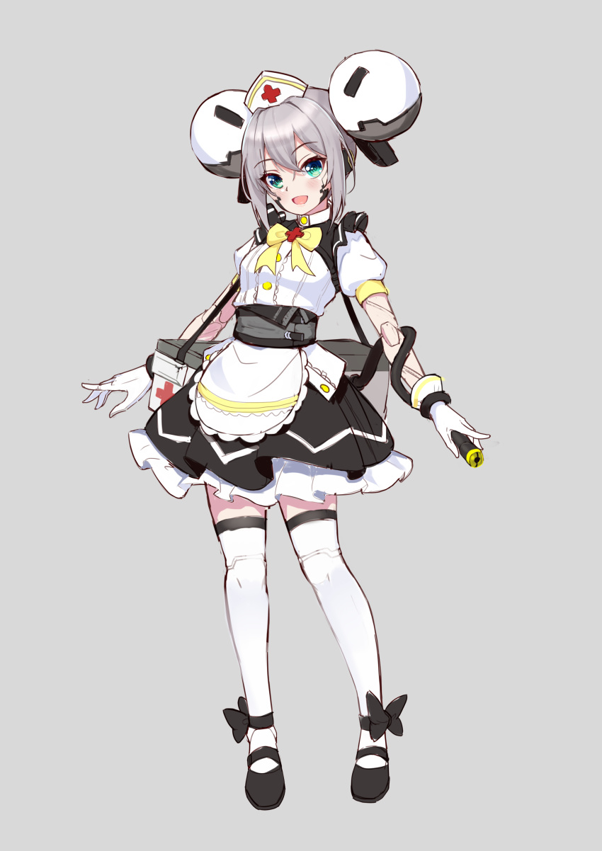 absurdres android apron arknights blue_eyes double_bun female first_aid_kit full_body grey_background grey_hair hair_bun hat highres lancet-2_(arknights) mecha_musume muji_(majunduo) nurse nurse_cap personification shoes skirt solo thighhighs