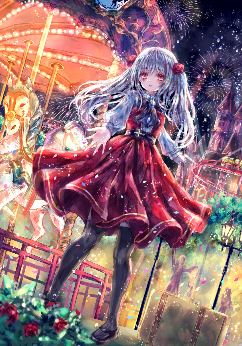 absurdres belt black_belt black_footwear black_thighhighs carousel dress female fireworks flower full_body hair_flower hair_ornament highres lamppost long_hair long_sleeves luggage mary_janes night night_sky original outdoors red_dress red_eyes rose shirt shoes sky solo suzushina thighhighs white_hair white_shirt