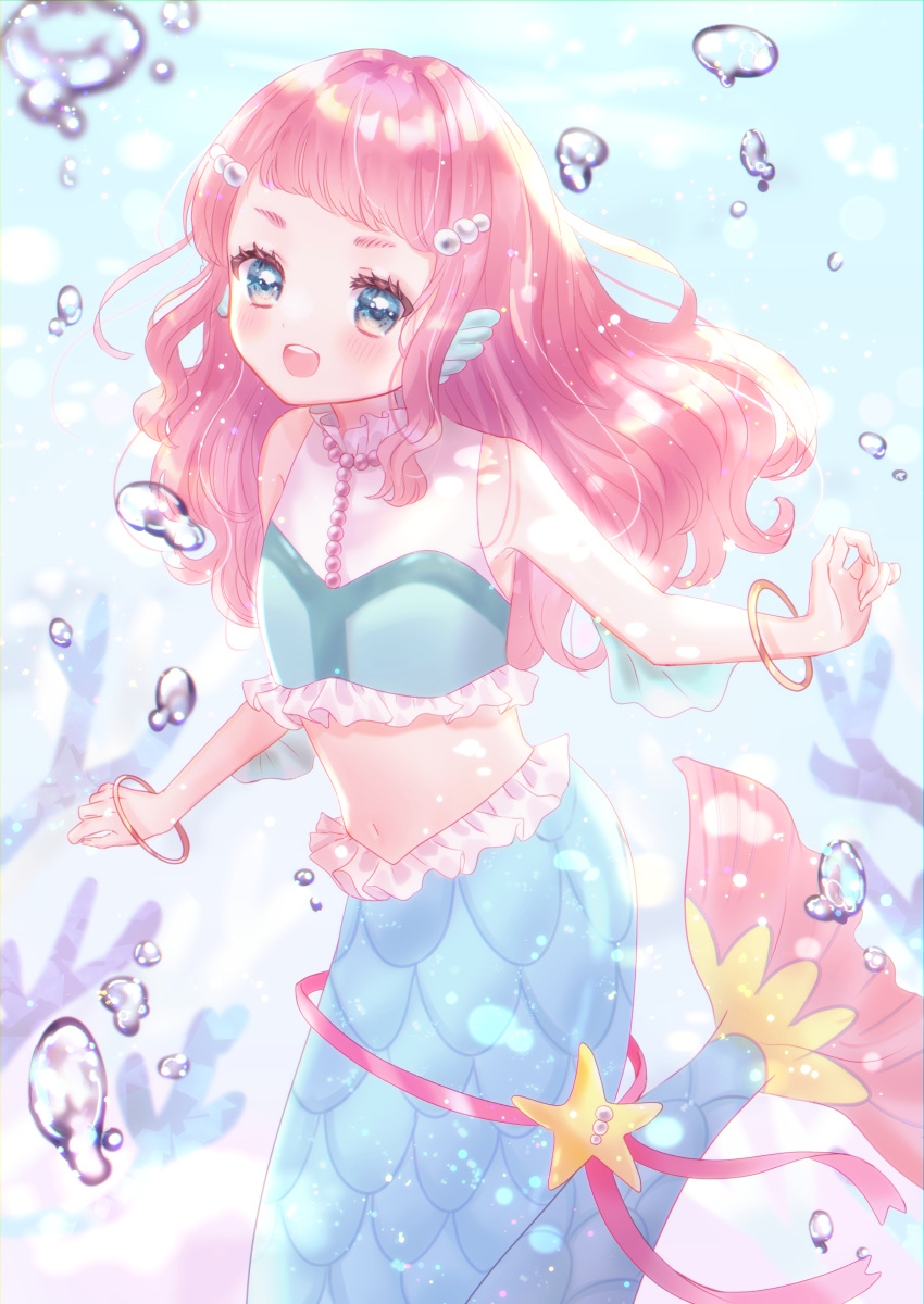 absurdres air_bubble azarashi6 blue_eyes bracelet bubble female highres jewelry laura_la_mer looking_at_viewer mermaid monster_girl navel open_mouth pink_hair precure solo stomach tropical-rouge!_precure