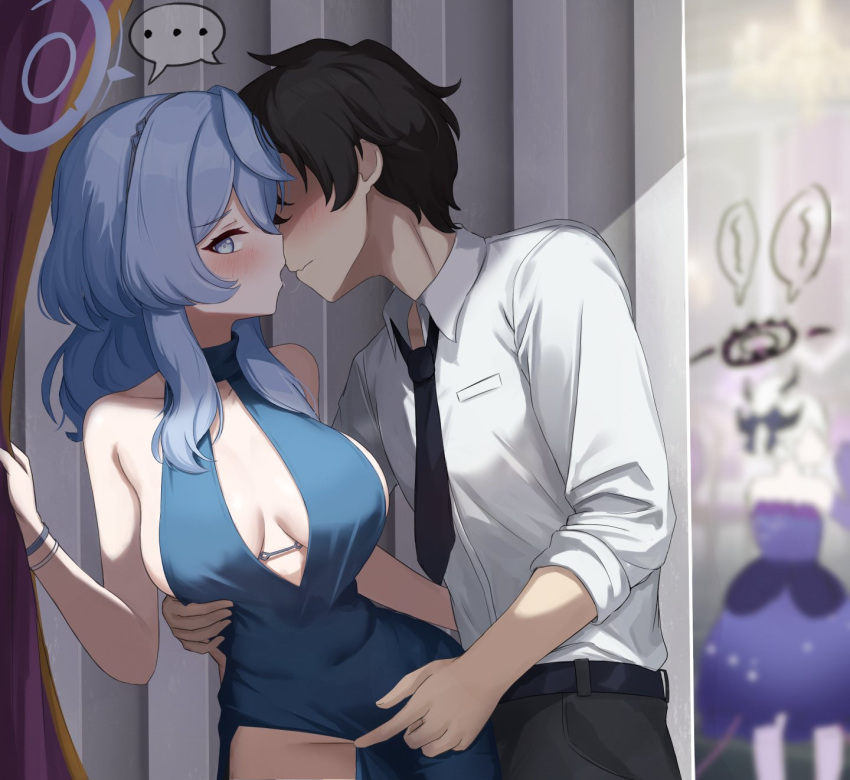 1boy 2girls ako_(blue_archive) ako_(dress)_(blue_archive) alternate_costume armpits blue_eyes blue_hair breasts copyright_request dress halo highres hina_(blue_archive) hina_(dress)_(blue_archive) kissing large_breasts mockingeu multiple_girls netorare official_alternate_costume sensei_(blue_archive) sideboob